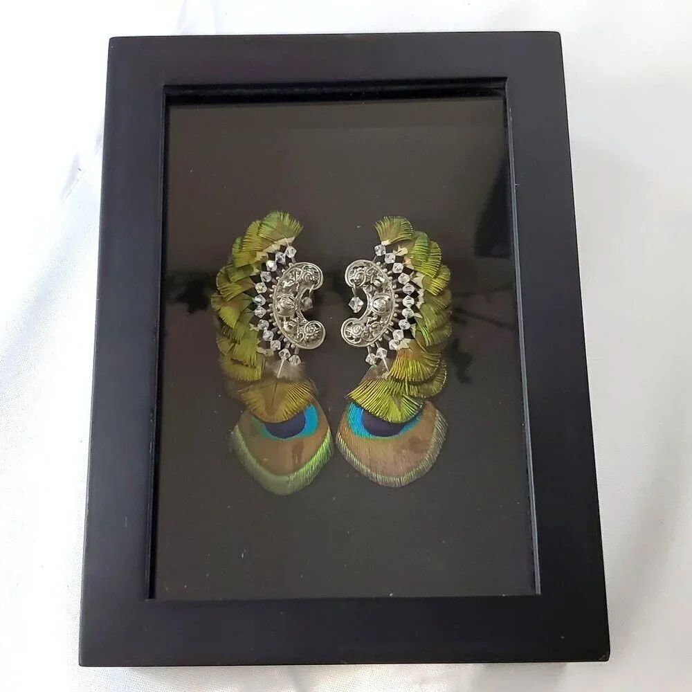 Vintage ASHLOCK Peacock Feather Earrings Art Framed Wall Decor Shadow Box